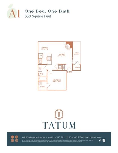 The Tatum Floor Plan 1 Bed 1Bth 1 Bed 1 Bath 650 sqft